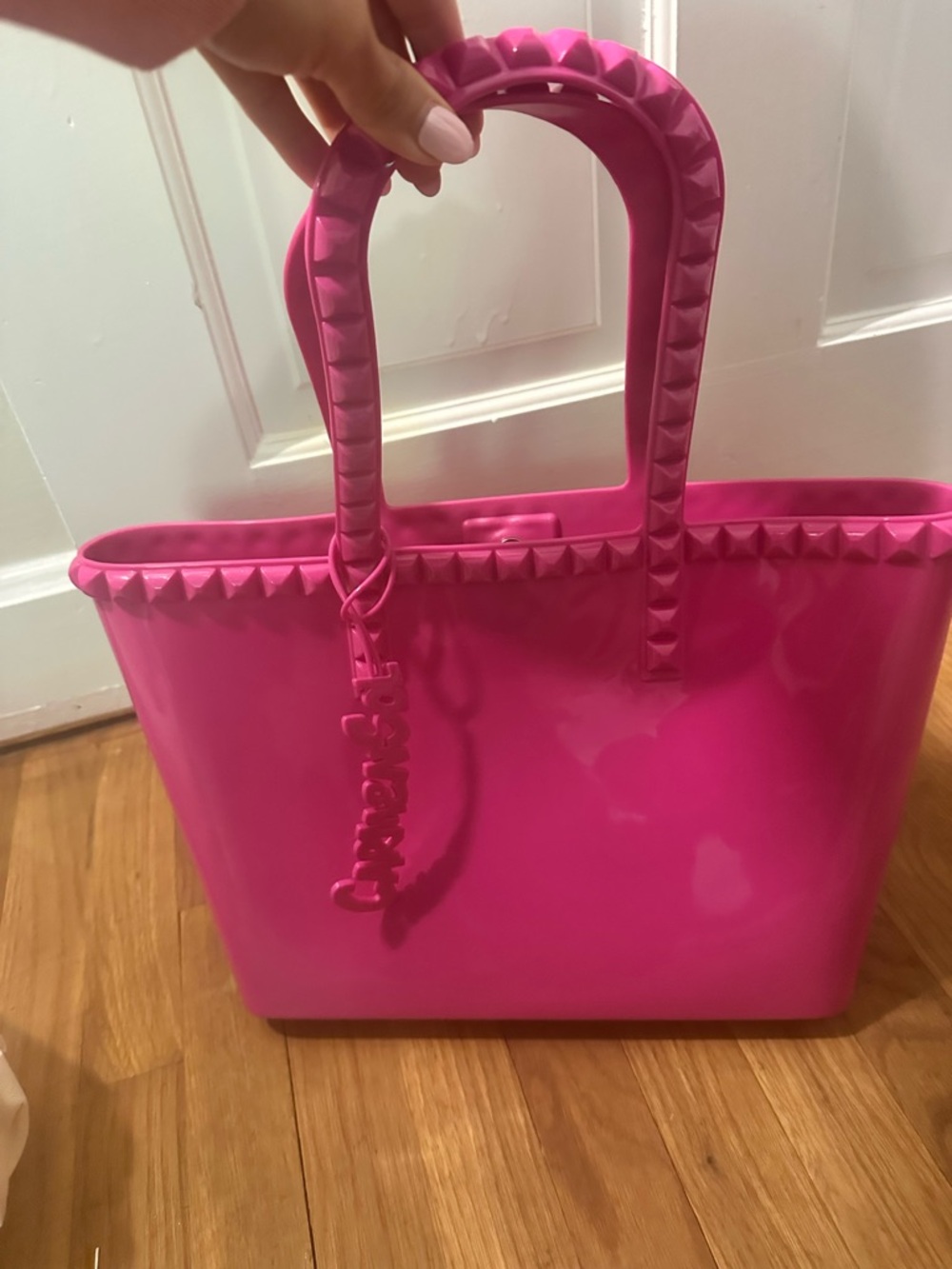 Bright Pink Stud-Trim Tote Bag with Top Handles